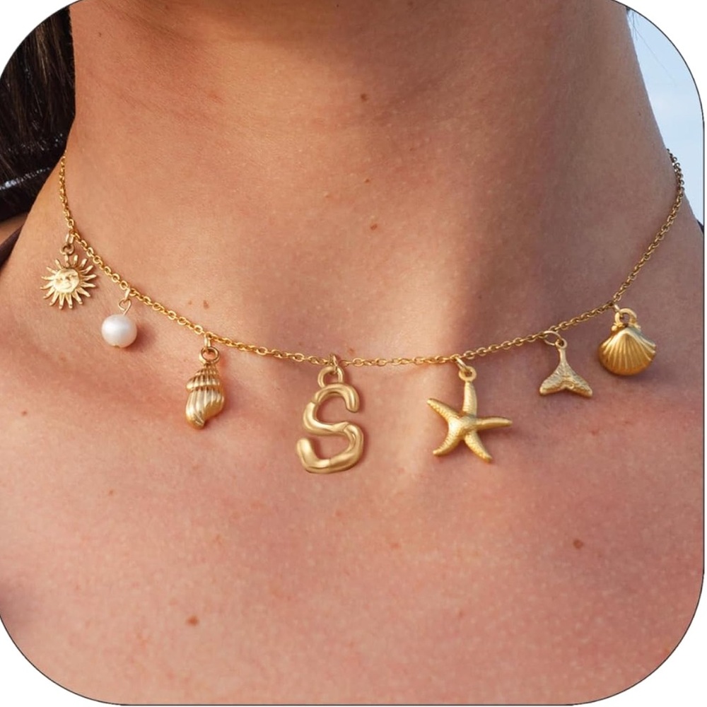 Gold ‘ S’ Charm Necklace with Sea Motifs - Picture 1 of 9